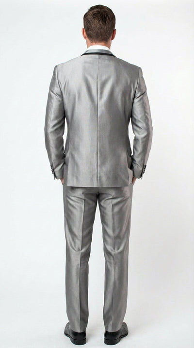 Menβs Silver Sharkskin Tuxedo Suit with Black Piping β Shiny Two Button Formal Suit for Wedding, Prom and Party Wear