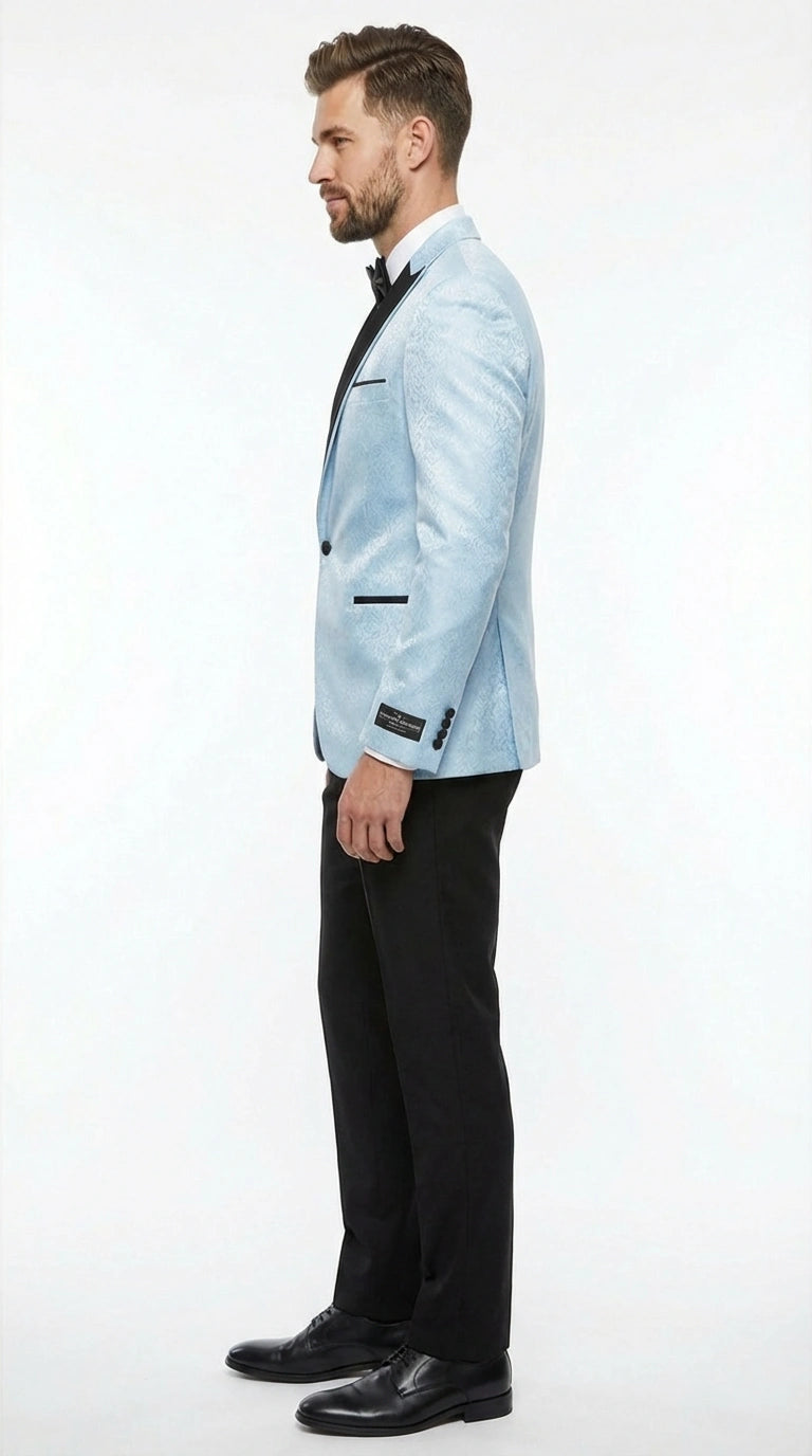 Men’s Baby Blue Tuxedo Blazer with Black Lapel – Formal Dinner Jacket for Wedding, Prom and Evening Events in Sky Light Blue Color