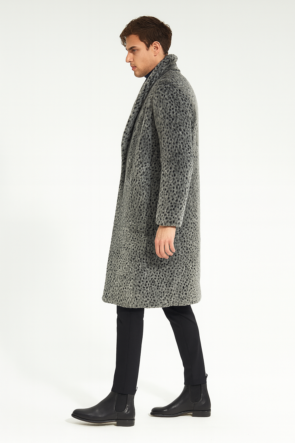 Men’s Grey Faux Fur Animal Print Overcoat