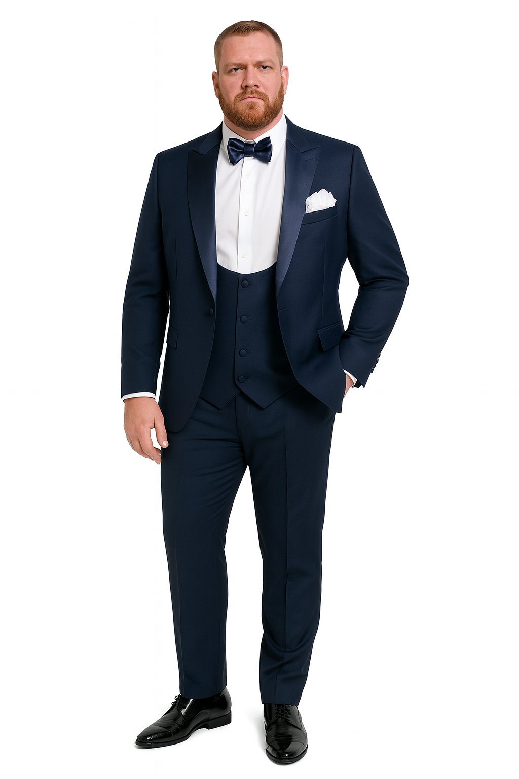 Men's Navy Satin Peak Lapel Tuxedo 3-Piece Set
