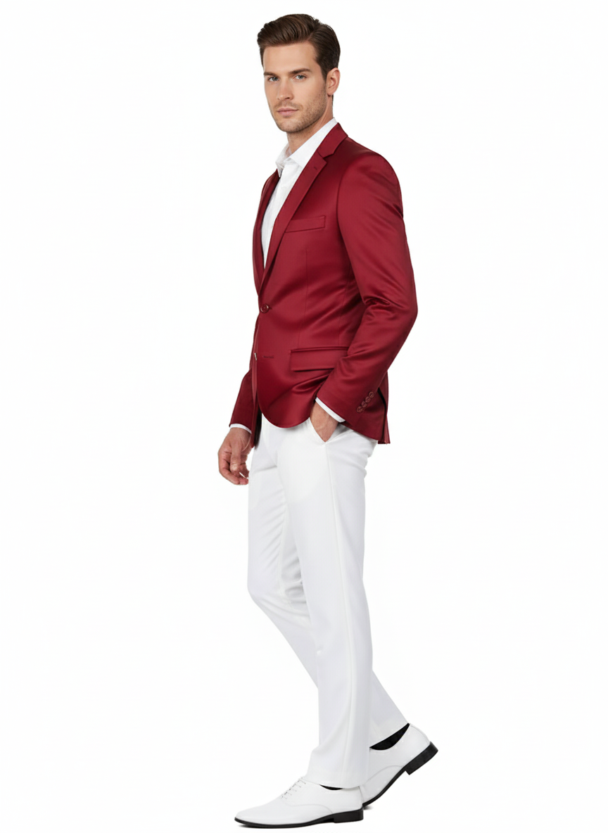 Premium Men's Burgundy Satin Slim Fit Blazer – Elegant Party & Wedding Suit Jacket in Maroon Wine Color