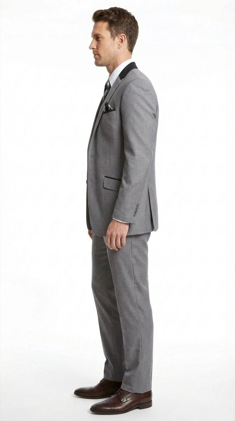 Men’s Light Gray Three Piece Suit with Black Chesterfield Collar – Classic Formal Weddings and Business Suit Set 1920s Vintage
