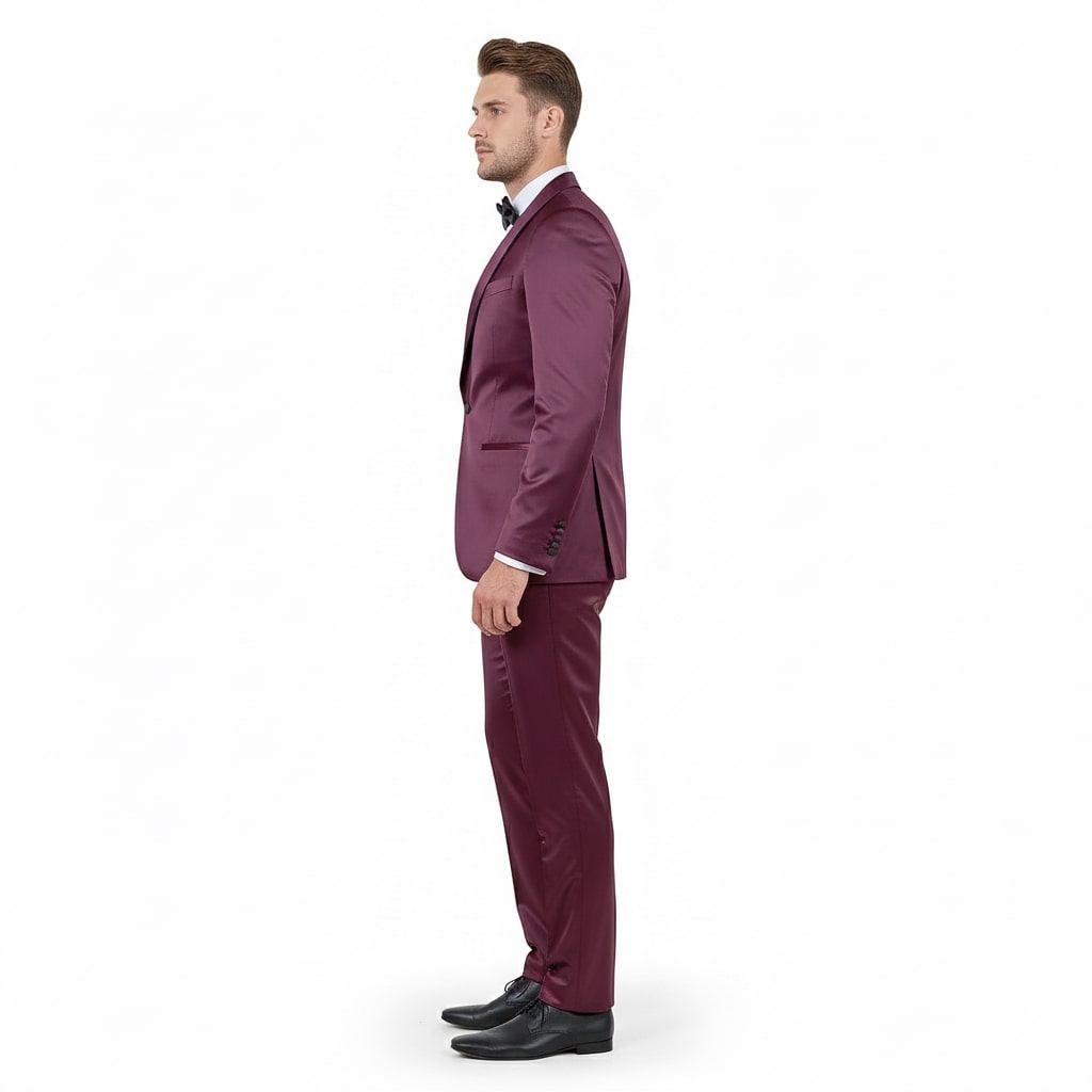 Burgundy Slim Fit Sateen Tuxedo with Shawl Lapel
