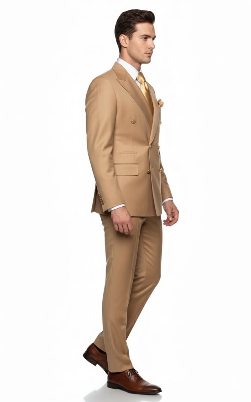 Mens Camel - Bronze - Goldish khaki Double-Breasted Suit – Luxury 2-Piece Formal Set with Gold Buttons and Peak Lapels by Rossi Man