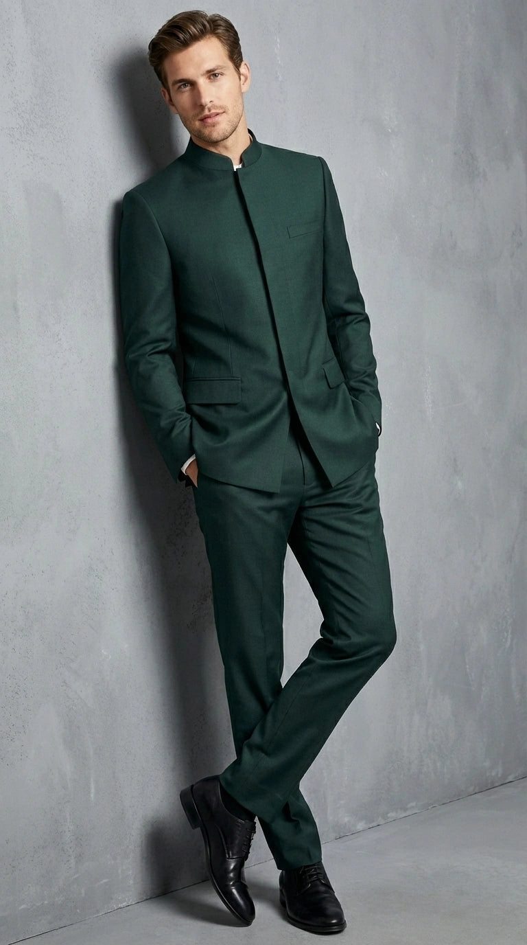 Men’s Olive Green Tuxedo Mandarin Collar Suit – Modern Nehru Style Formal Suit for Wedding Banded Collar