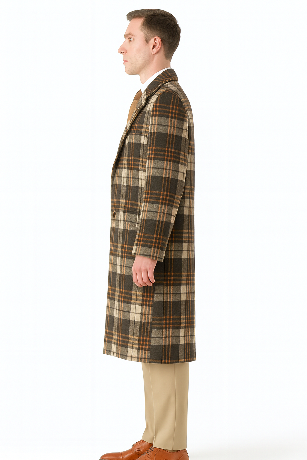 Men’s Vintage Plaid Overcoat Wool Fabric – Classic Retro Long Coat in Brown And Camel and Beige Color