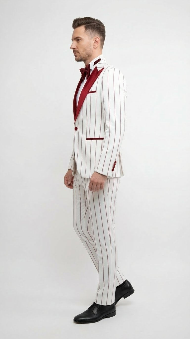 Men’s White and Dark Red Pinstripe Tuxedo with Velvet Shawl Lapel – Formal Dinner Blazer Prom Christmas New Year Holiday Suit