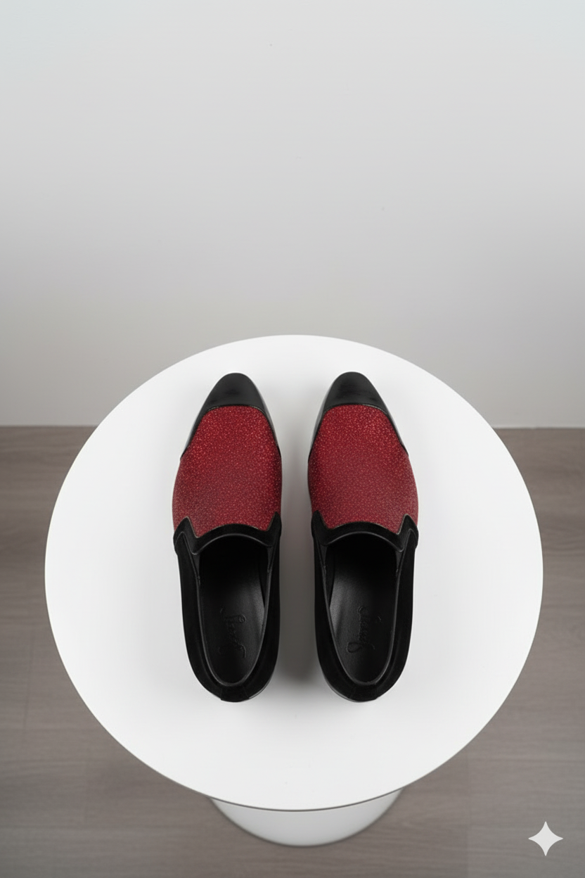 Red Glitter Tuxedo Loafers with Patent Toe