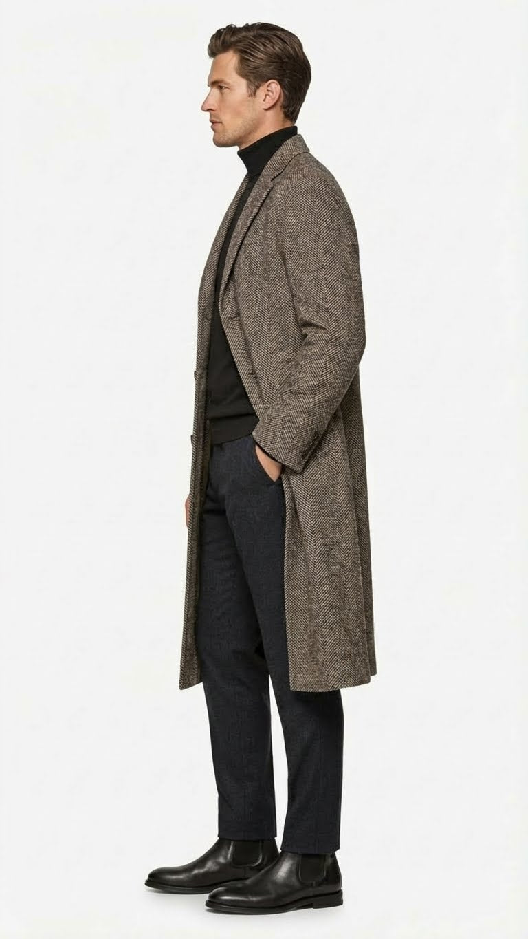 Men’s Black & Grey Herringbone Tweed Wool Blend Overcoat – Classic Single-Breasted Winter Blazer Carcoat