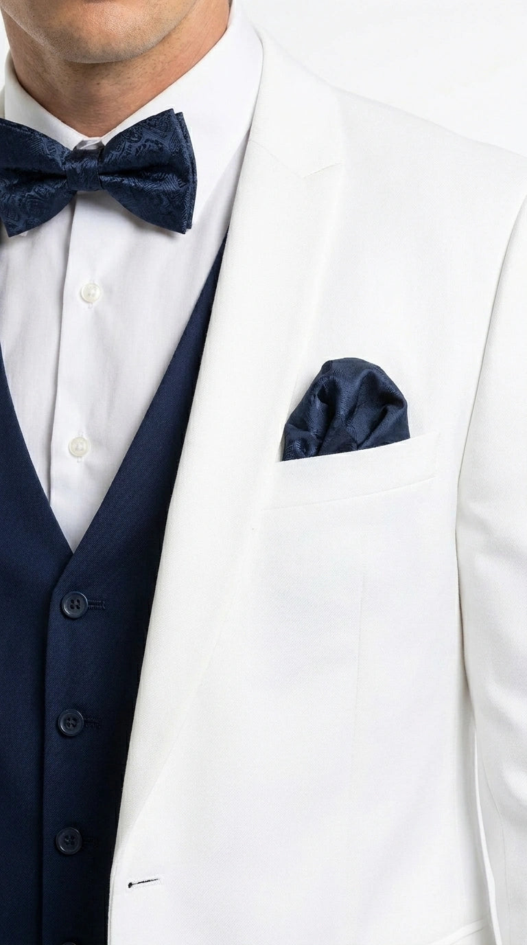 Men’s White and Navy blue tuxedo 3 Piece Suit – Classic White Blazer with Navy Vest and Pants for Wedding, Party + Bowtie