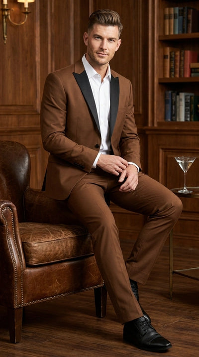 Menβs Light Brown Vested Piece Suit β Elegant Formal Suit with Contrast Lapel for Wedding, Party