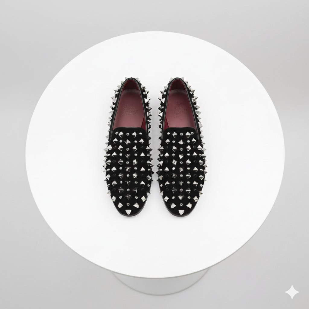Black Studded Loafers with Silver Spikes