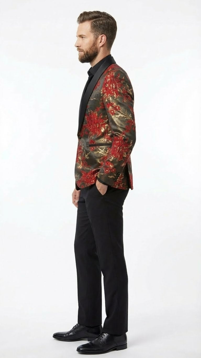 Men’s Red and Gold Floral Pattern Paisley Shawl Lapel | Luxury Evening and Party Wear Jacket Prom Christmas New Year Blazer
