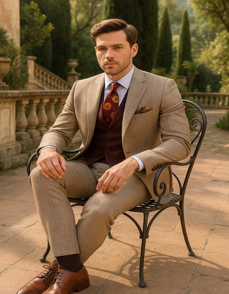 Light Brown Plaid Suit with Burgundy Vest & Floral Tie