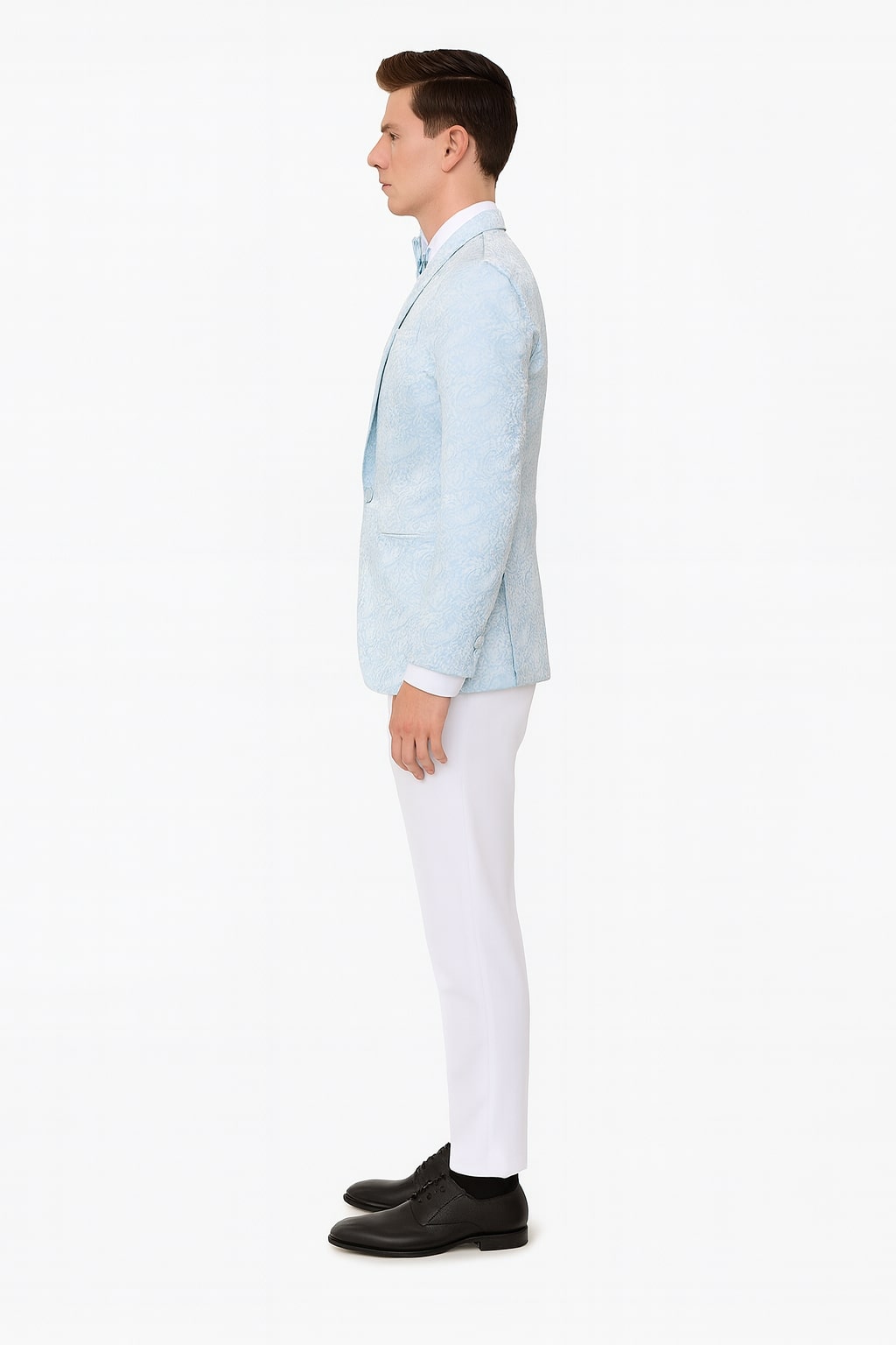 Mens Light Blue Paisley Tuxedo Jacket with Matching Bow Tie – Slim Fit Blazer for Weddings, Prom, and Formal Events