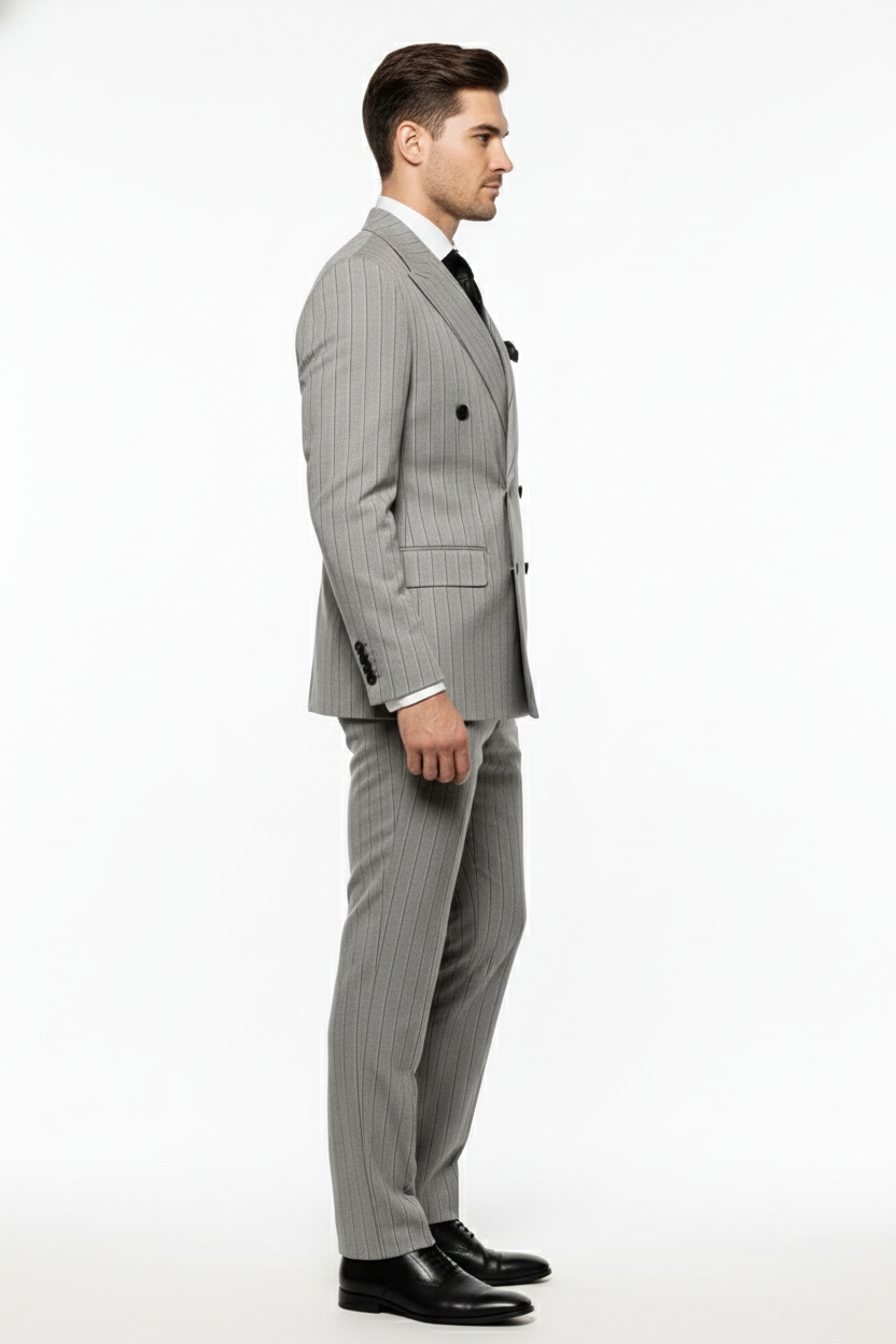 Men’s Grey and Black Pinstripe Double-Breasted Suit – 1920s Gangster Vintage Looking suit By Rossiman