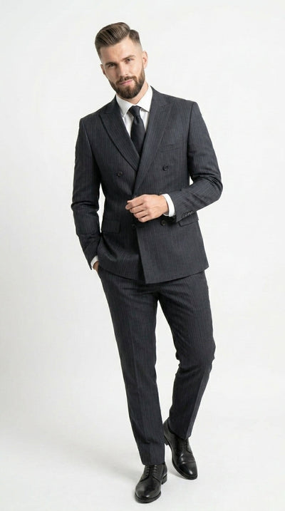 Menβs Black Pinstripe Double Breasted Suit β Classic Formal Business Suit Office and Evening Wear Modern Fit Conservative pattern