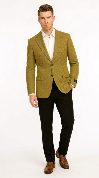 Menβs Mustard Gold Yellow Houndstooth Blazer Jacket, Check Pattern Formal Sport Coat for Weddings, Prom, Business 2 Buttons Modern Fit