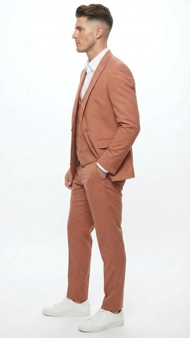 Men’s Light Rust - Peach Color - Salmon Color 3 Piece Suit Set with Vest, Classic Formal Wedding Prom Business Dress Suit
