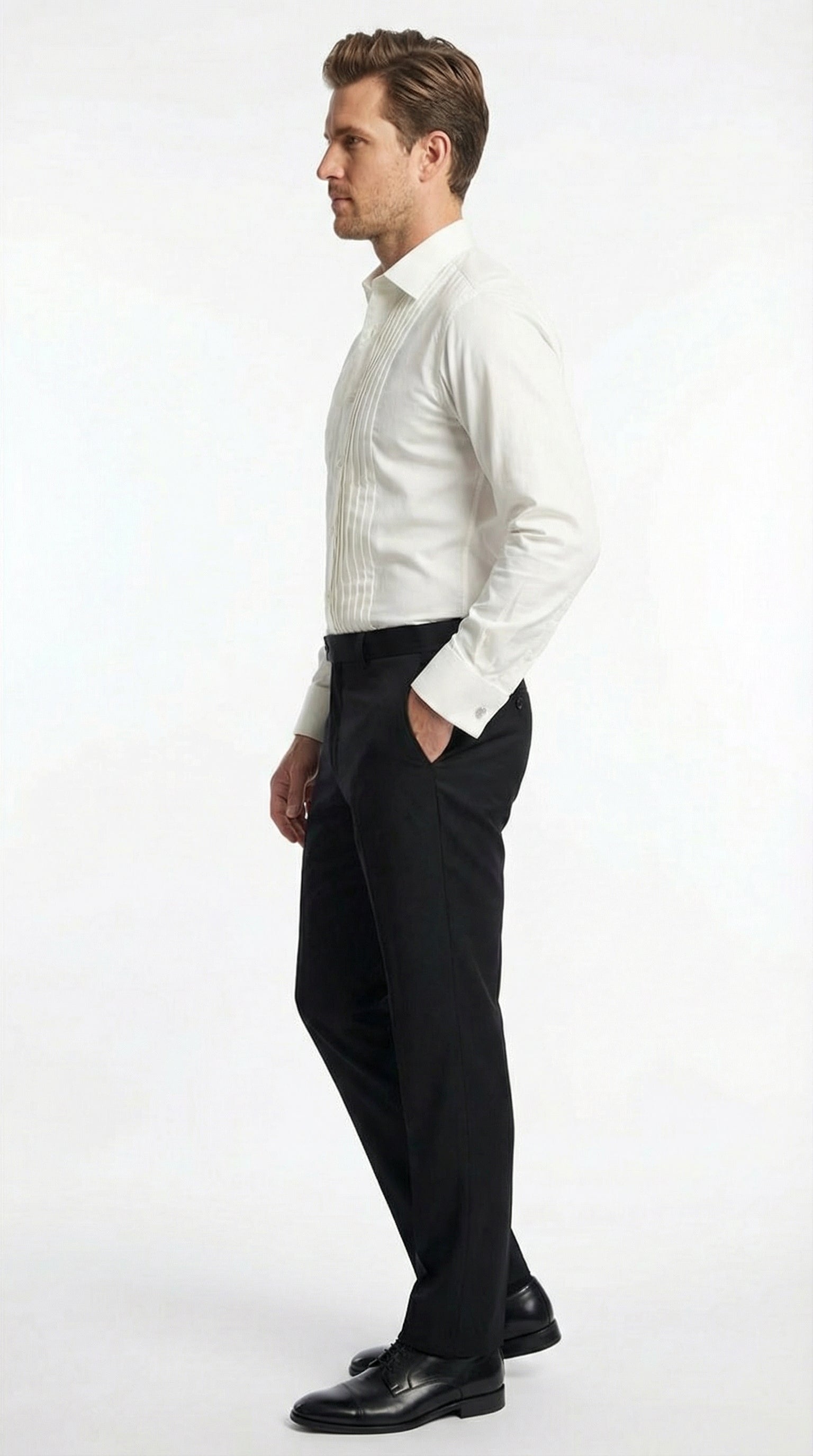 Men’s Ivory Cream Off White Pleated Tuxedo Dress Shirt | French Cuff Formal Wedding Shirt