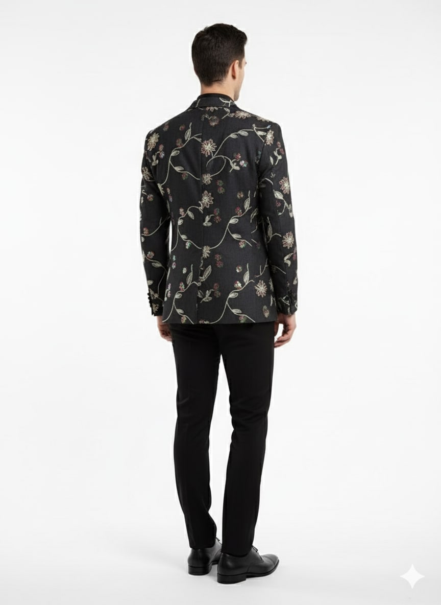 Black Floral Embroidered Designer Men's Blazer