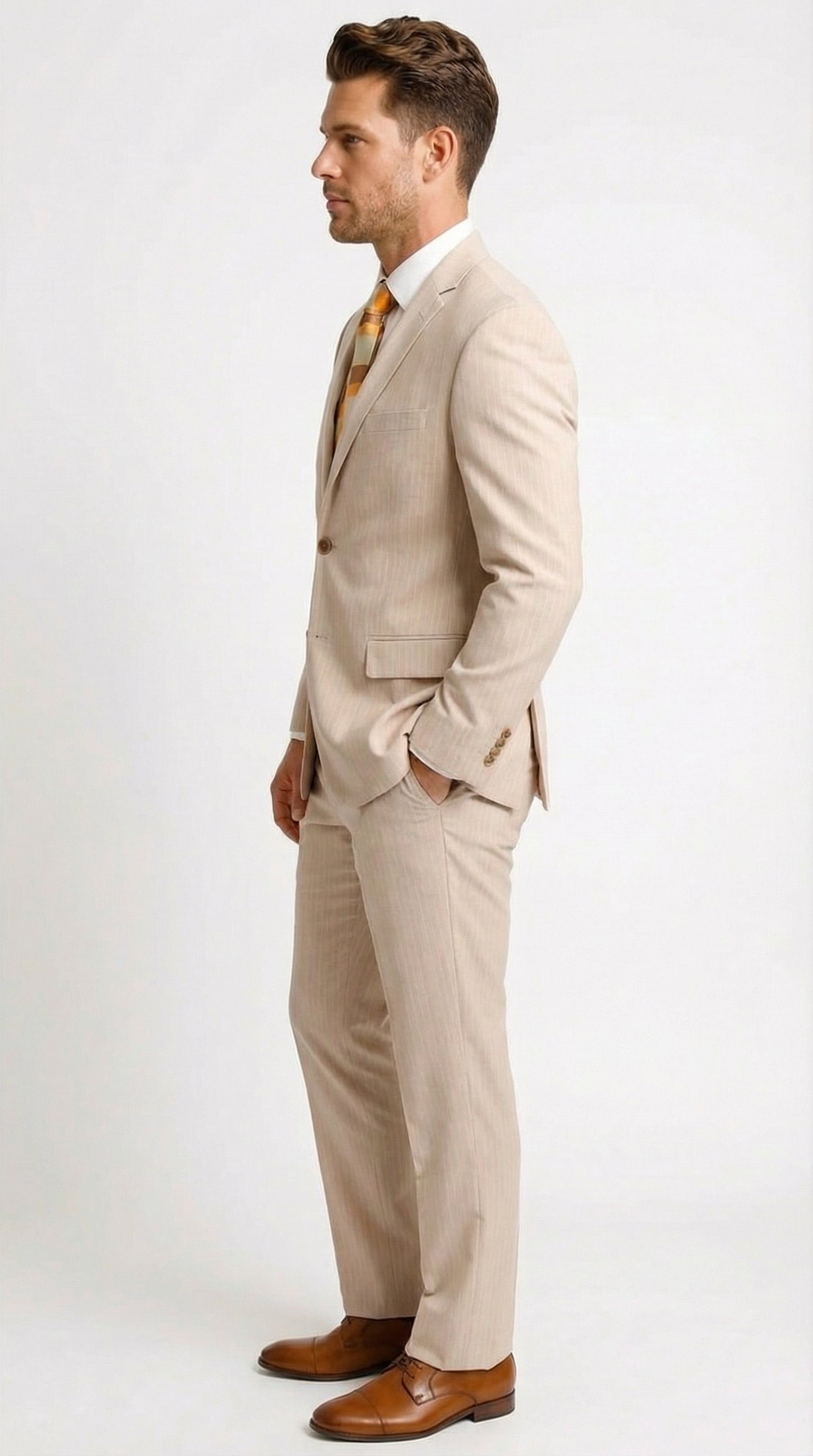 Vitali Men’s Natural Beige Pinstripe Suit – Summer Tan Pinstripe Weddings and Business Wear