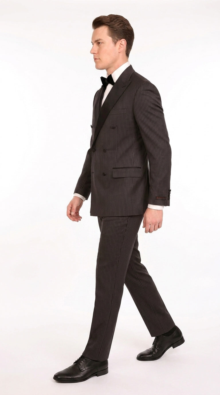 Men’s Black Shadow Pinstripe Double-Breasted Tuxedo Tone on Tone Formal Wedding Suit Modern Fit 1920s Style