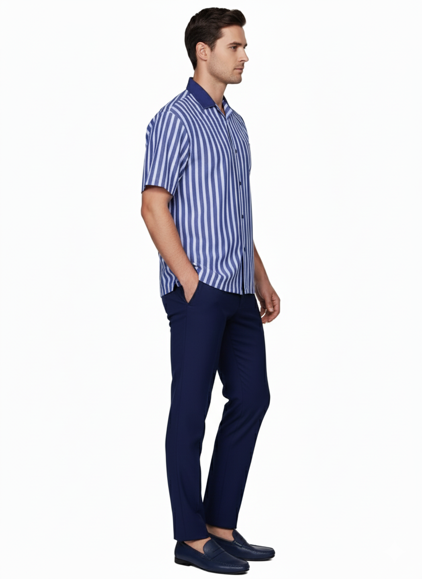 Blue White Stripe Shirt Set Short Sleeve - Summer Two-Piece