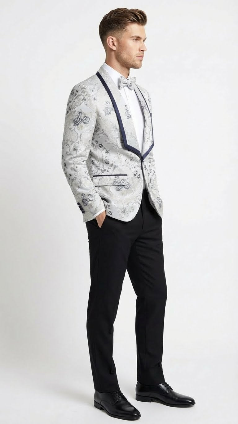 Men’s White and Navy Blue Lapel Floral Jacquard Blazer with Contrast Shawl Lapel – Luxury Wedding and Party Wear Jacket paisley Tuxedo Navy Pants