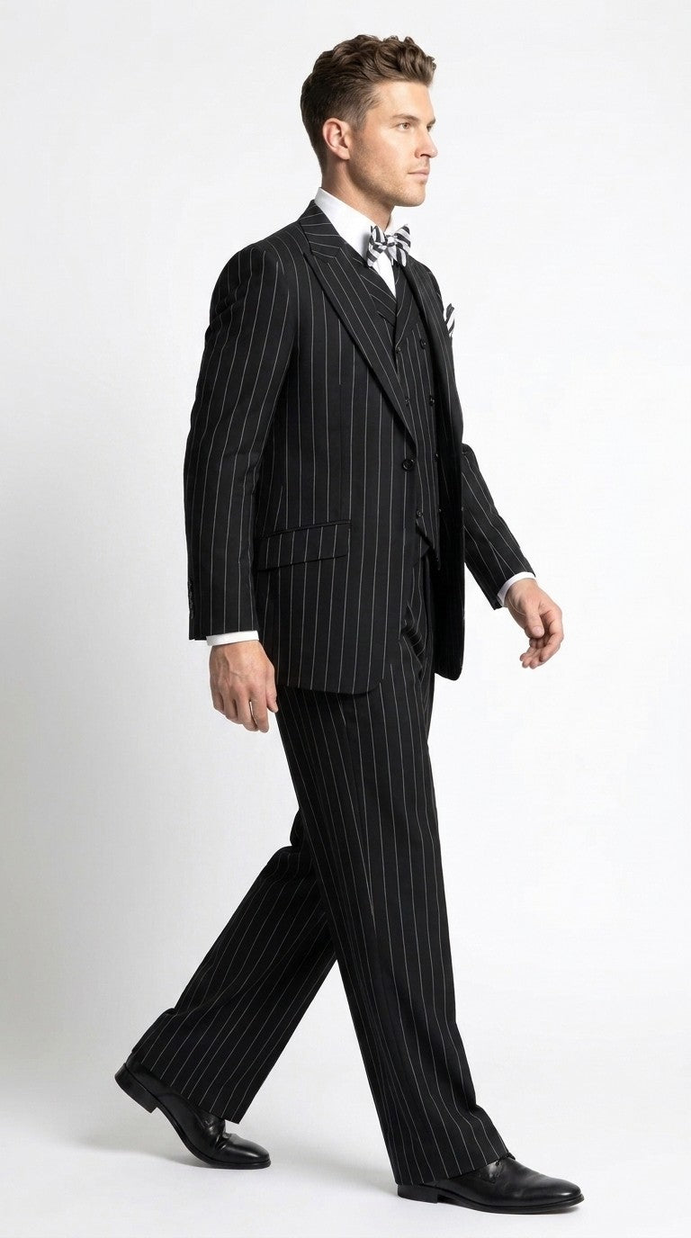 Men’s Black Pinstripe 3-Piece Suit Wool Suit – Classic Fit Single Button Suit with Wide Leg Pleated Pants By Tiglio Russo