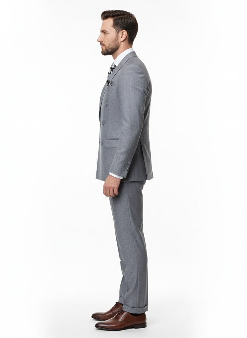 Grey Double-Breasted Slim Fit Suit