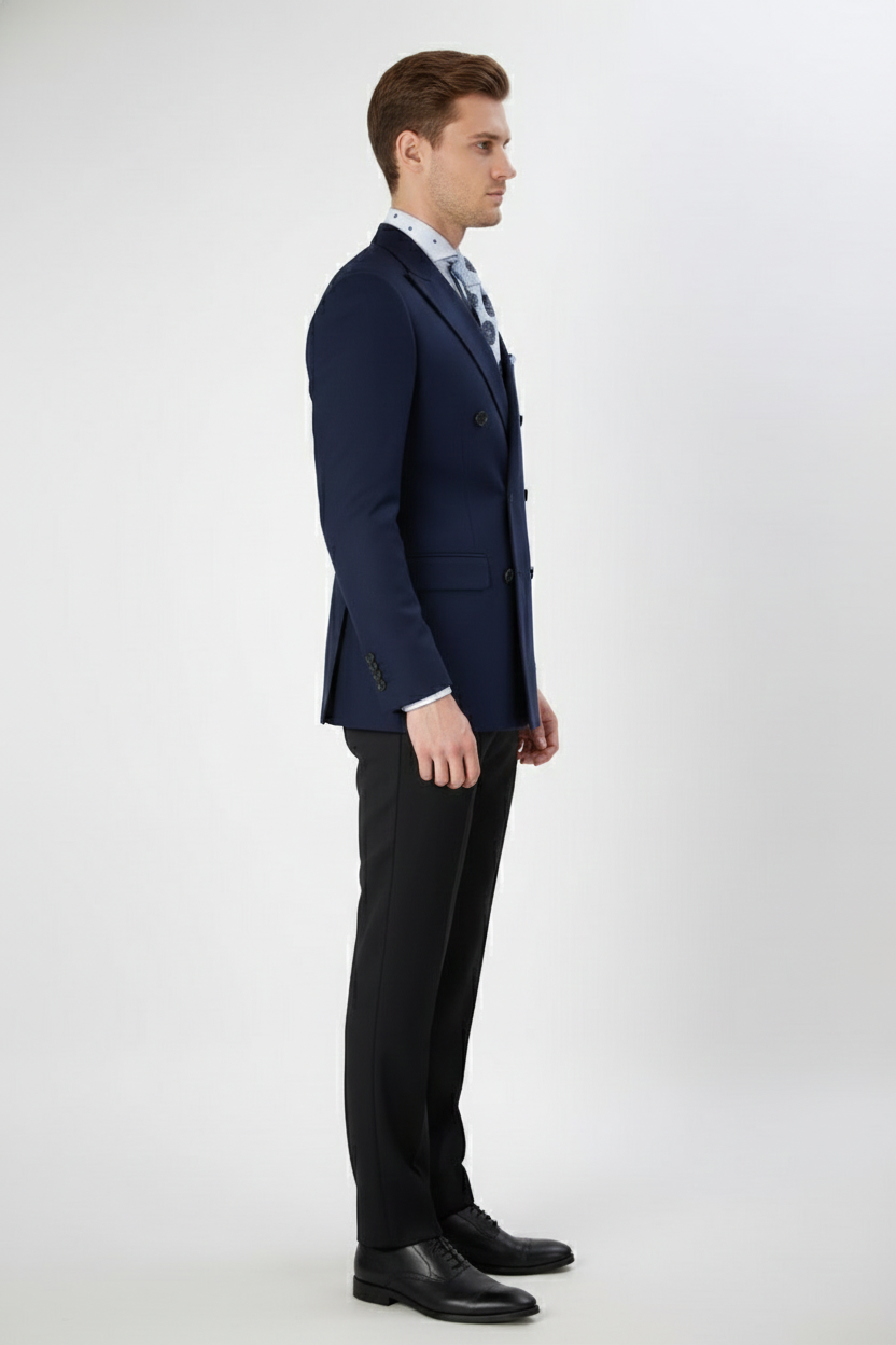 Men’s Navy Blue Double-Breasted Blazer - Suit Jacket – Premium Tailored Fit Formal Wedding and Business Sport Coat