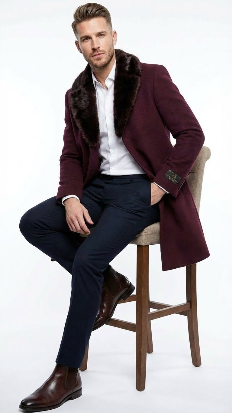 Men’s Burgundy Three Quarter Coat with Faux Fur Collar Overcoat – Luxury Winter Outerwear Three Quarter Carcoat Topcoat