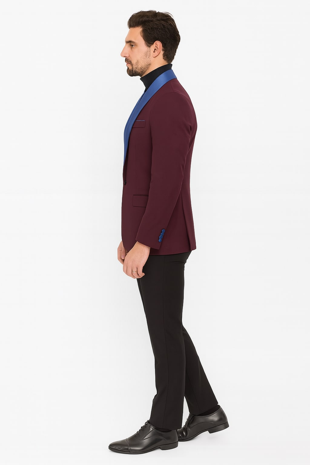 Mens Burgundy Tuxedo Dinner Jacket Blazer with Blue Satin Shawl Lapel Wedding and Party Jacket
