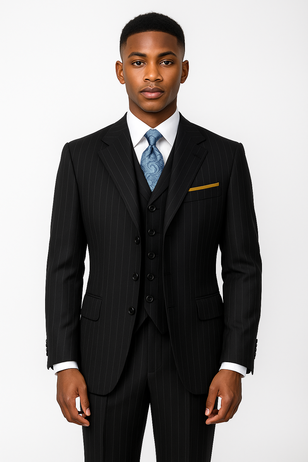 3 Button 3 Piece Suits Vested 100% Wool Suits Vested Black Stripe ~ Pinstripe Pleated Pants