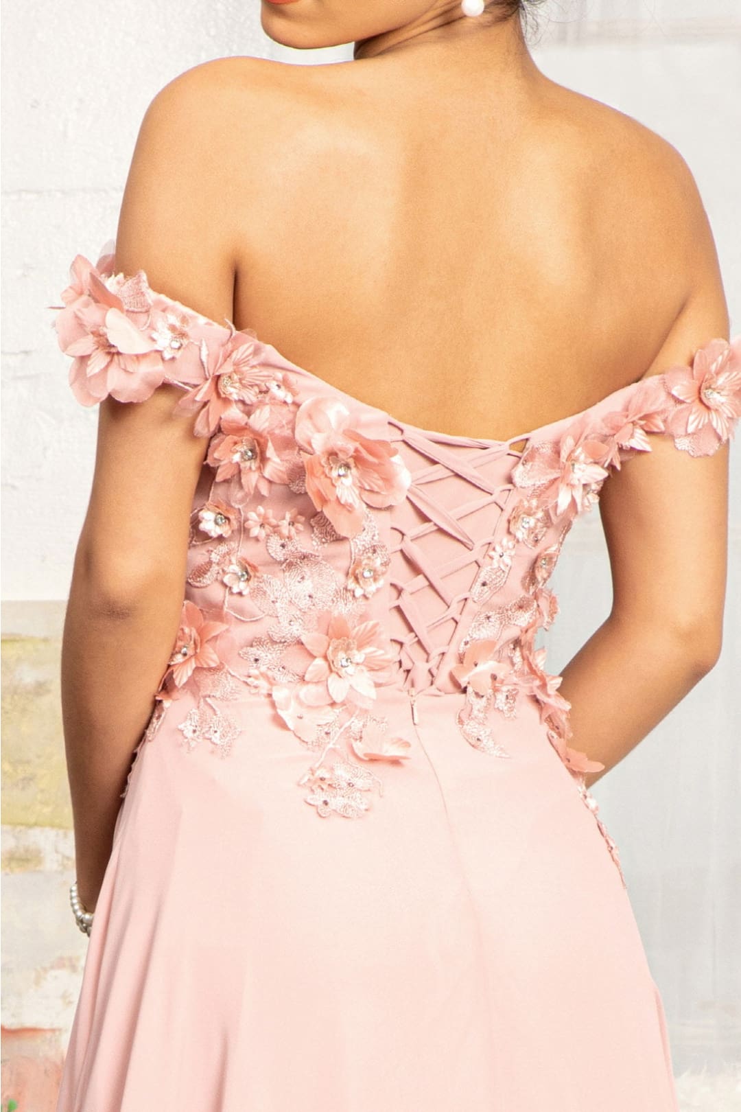 Off Shoulder Floral Chiffon Gown by Elizabeth K GL3018
