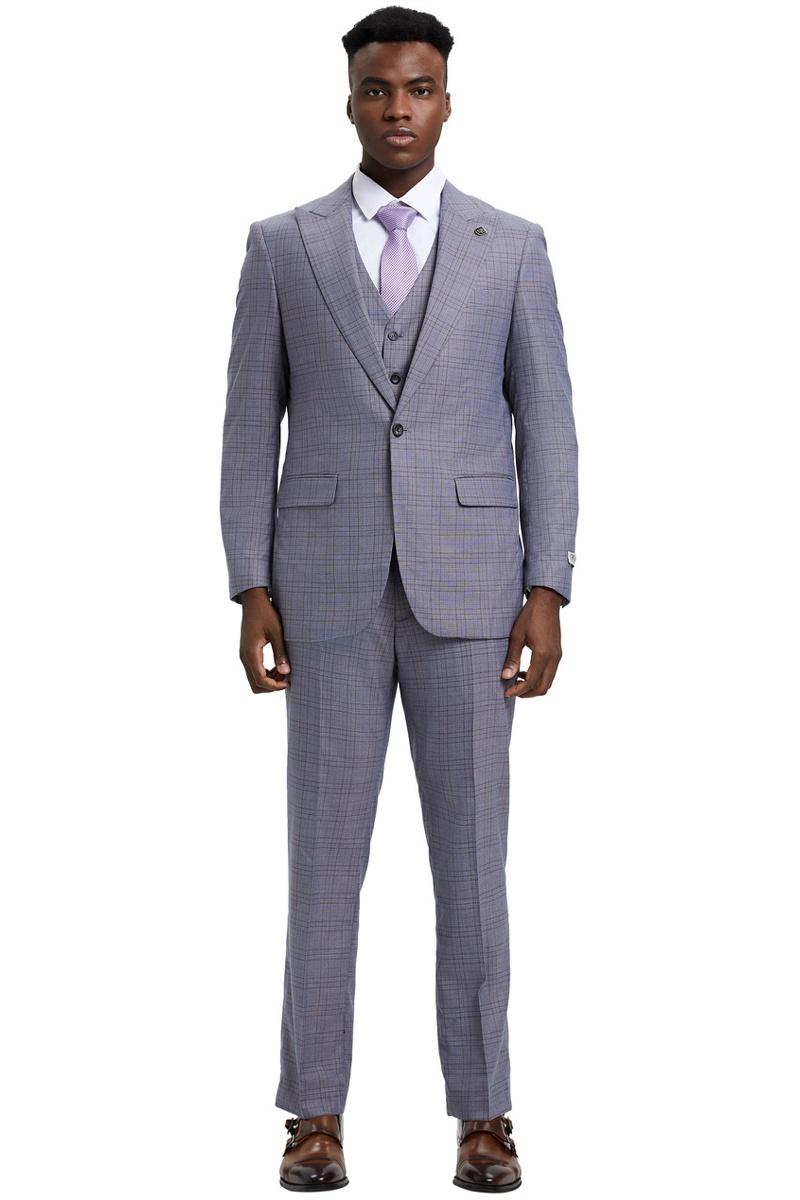 Stacy Adams Light Grey Windowpane Plaid 3-Piece Suit