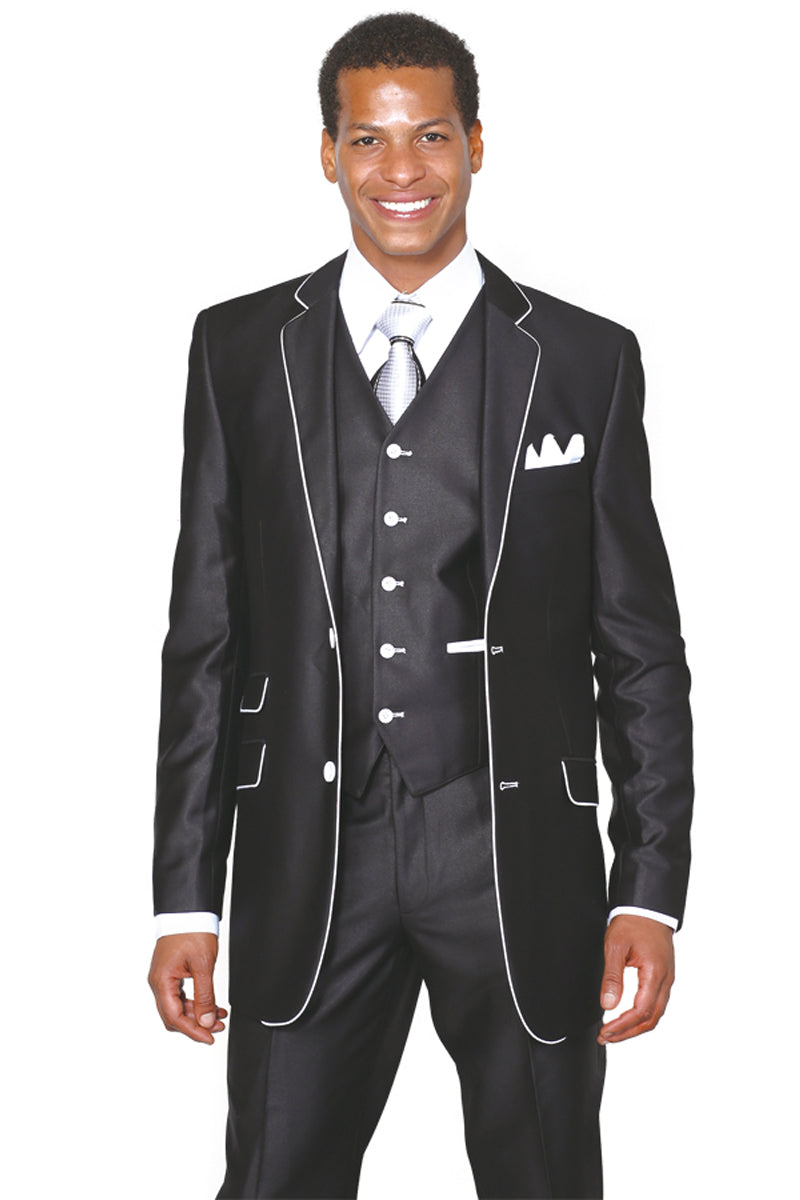 Black 2 Button Sharkskin Suit with Vest & Contrast Trim