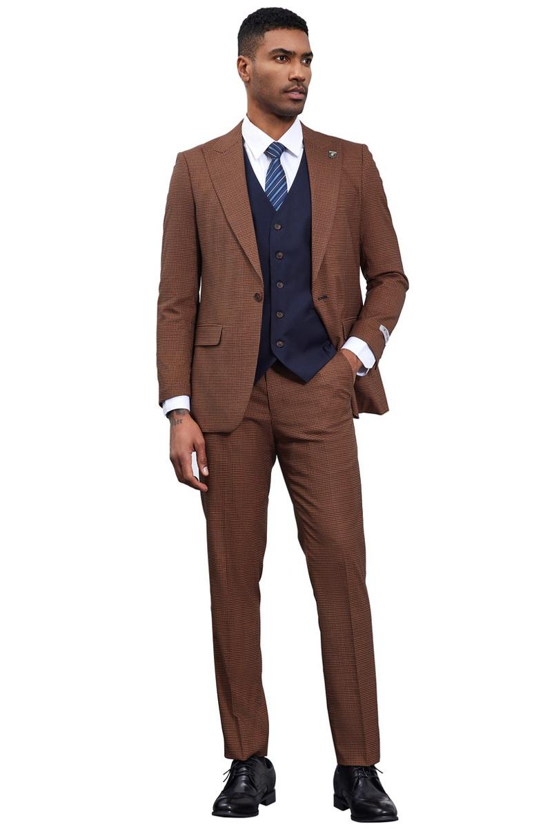 Stacy Adams Cognac/Navy Peak Lapel Vested Suit