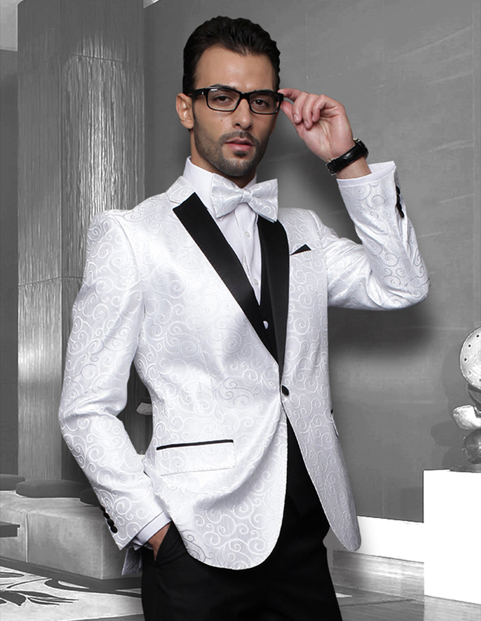 White Swirl Pattern Notch Lapel Vested Tuxedo