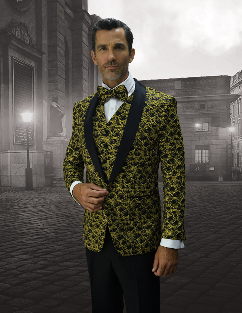 Gold Floral Shawl Lapel Vested Tuxedo