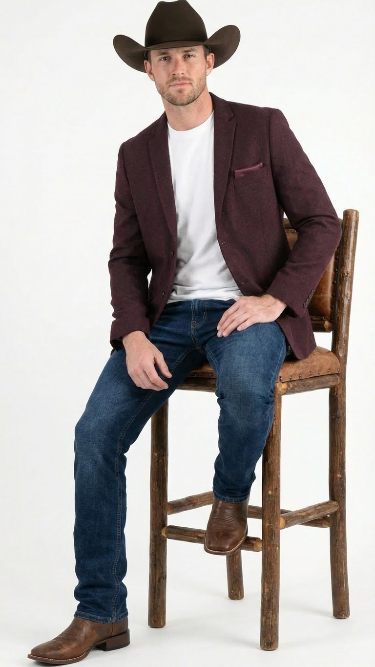 Men’s Burgundy Western Blazer Jacket, Textured Cowboy Style Sport Coat for - Tweed Herringbone Maroon Color