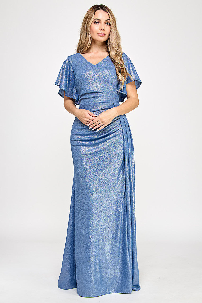 Metallic Glitter Flutter Sleeve Gown with Ruched Waist and High Slit Formal Evening Dress By Lenovia 5329