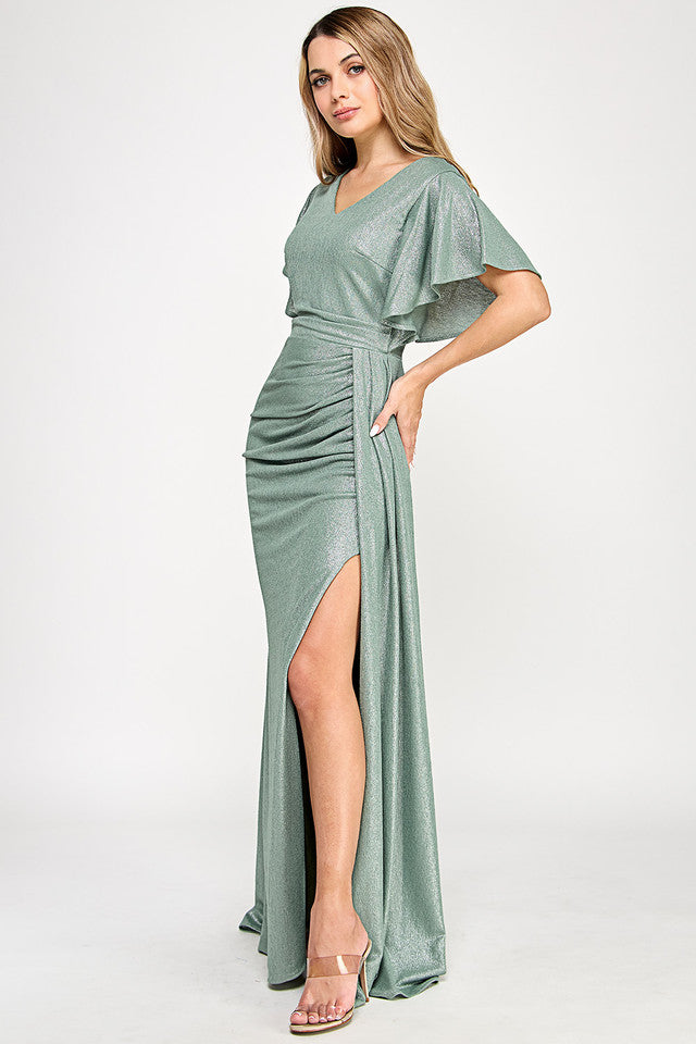 Metallic Glitter Flutter Sleeve Gown with Ruched Waist and High Slit Formal Evening Dress By Lenovia 5329