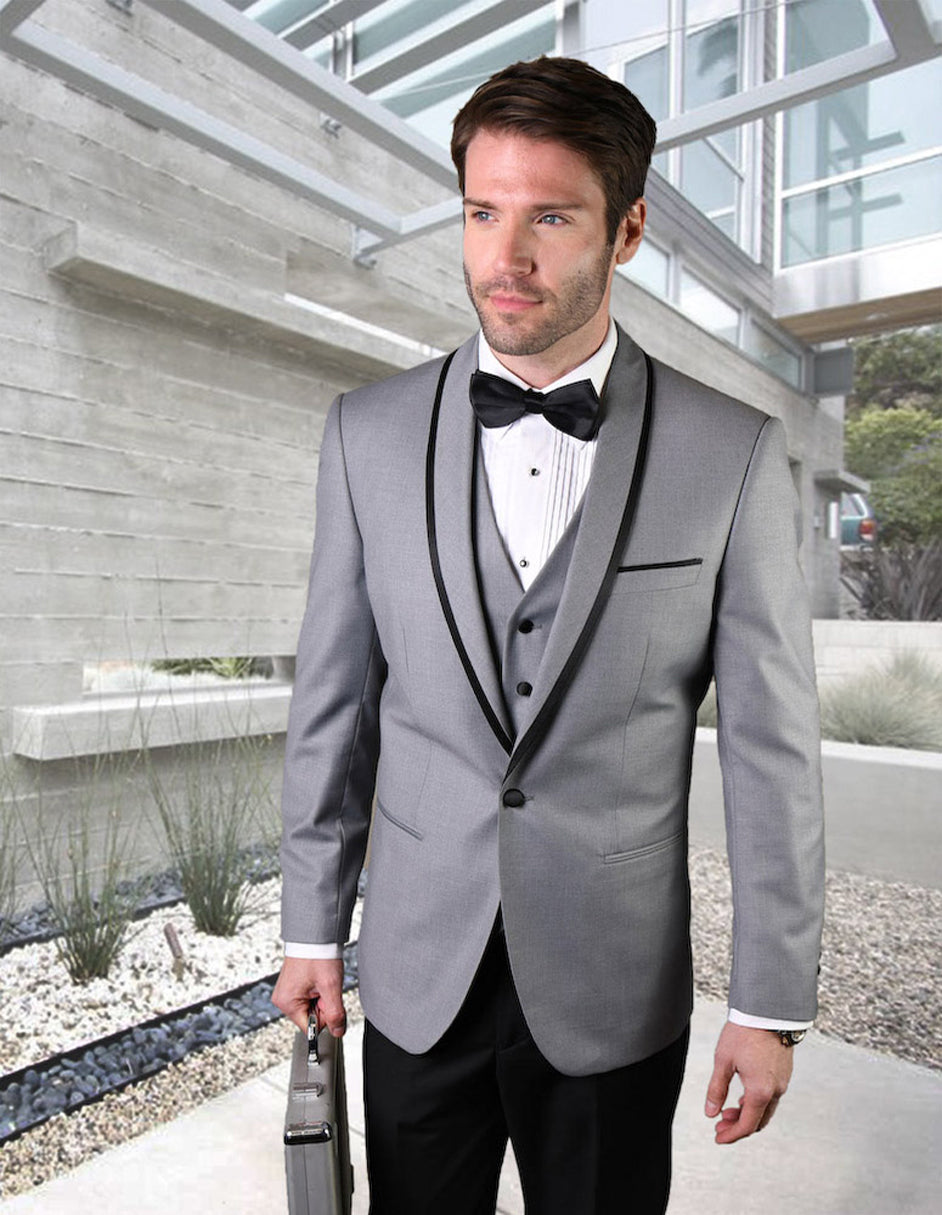 Grey & Black Wool Vested Shawl Lapel Tuxedo