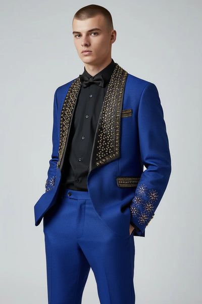 Menβs Bella Embellished Black & Royal Blue Tuxedo β 3 Piece Formal Suit with Shawl Lapel, Vest & Matching Pants