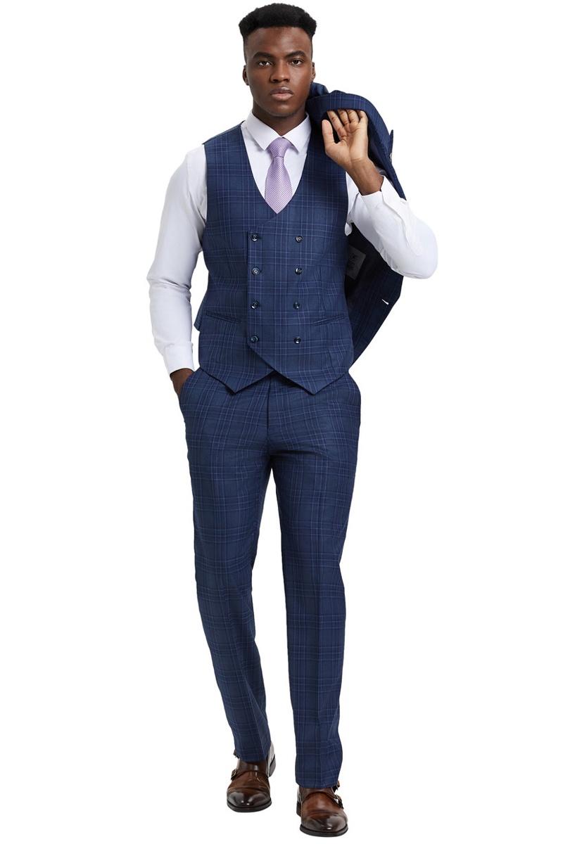Stacy Adams Blue & Purple Plaid Vest Suit