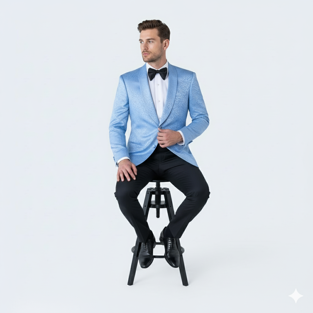 Light Blue Paisley Satin Shawl Tuxedo Jacket