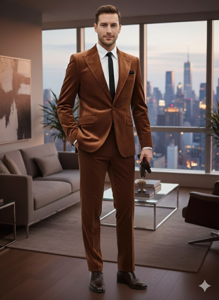 Brown Velvet Slim Fit Blazer and Pants Set
