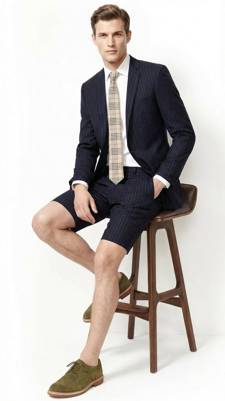 Men’s Dark Navy Blue Pinstripe or Black Pinstripe Summer Business Suit with Shorts Pants Set – Sport Coat Style Formal and Casual Outfit